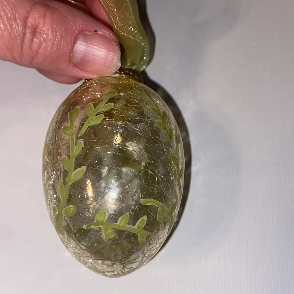 Russ Hand Painted Crackle Glass Yellow rose egg ornament with box.